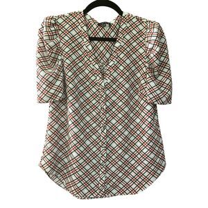 1 State plaid button front puffed shoulder short sleeve blouse top